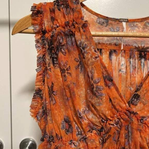 Free People Orange Floral Ruffle Blouse - Picture 2 of 6